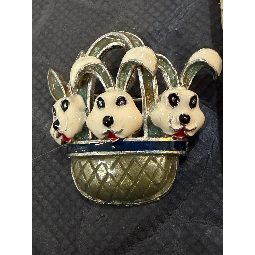 Easter Bunnies Brooch Pendant Enamel Pin Bunny Rabbits in Basket Vintage Jewelry